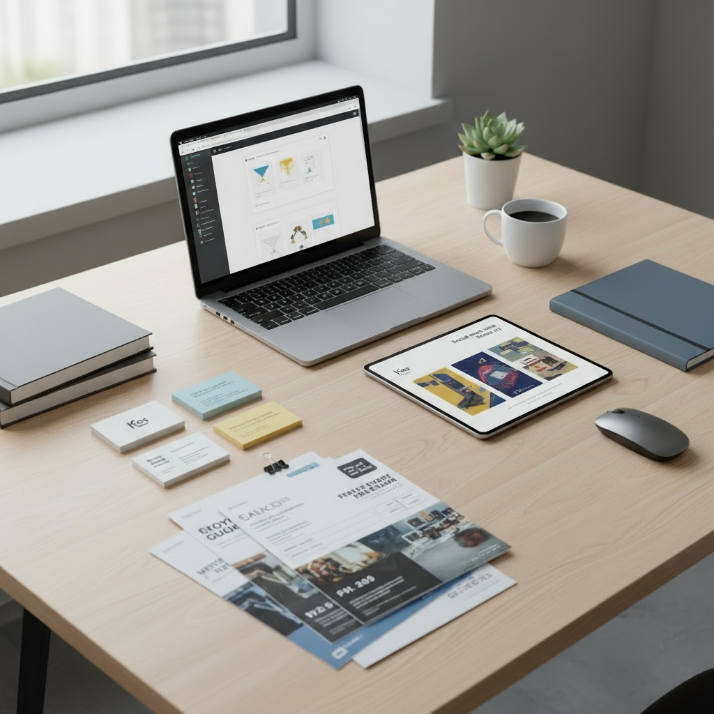 stock image of a graphic, web, and brand designer's workspace